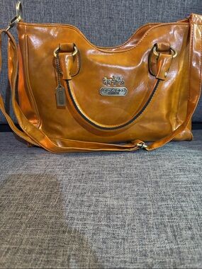 Coach Cognac Leather Satchel Tote Bag Crossbody Strap Signature Lining Carryall